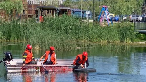 FOTO Boboci de rață, salvați de pompieri după ce au rămas blocați în aspersoarele de pe un lac din Râmnicu Vâlcea