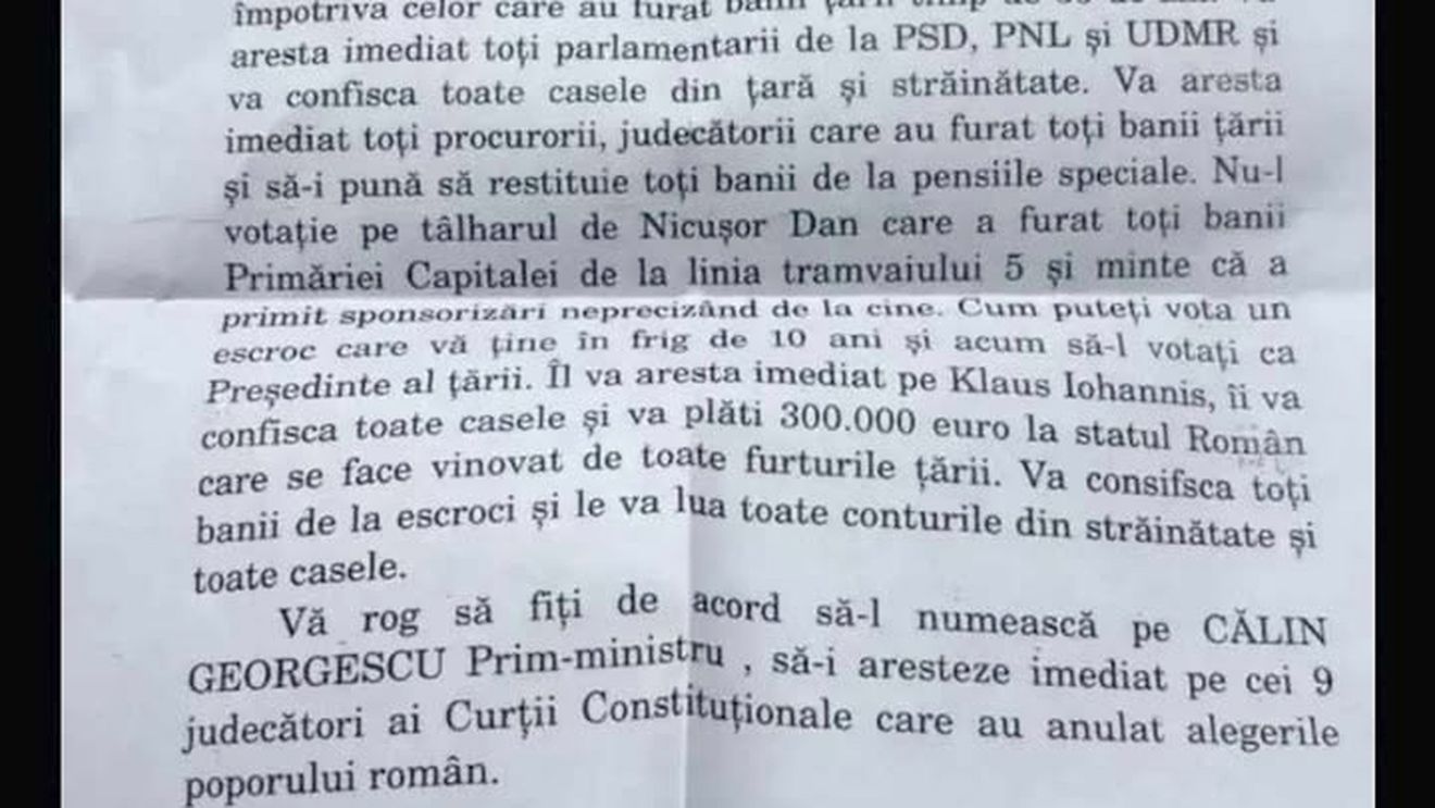 Biroul Electoral Județean Sibiu a sesizat poliția pe tema unor scrisori lăsate în cutiile poștale: „Îl va aresta imediat pe Klaus Johannis, îi va confisca toate casele și va plăti 300.000 euro” / AUR Sibiu se delimitează de acest caz