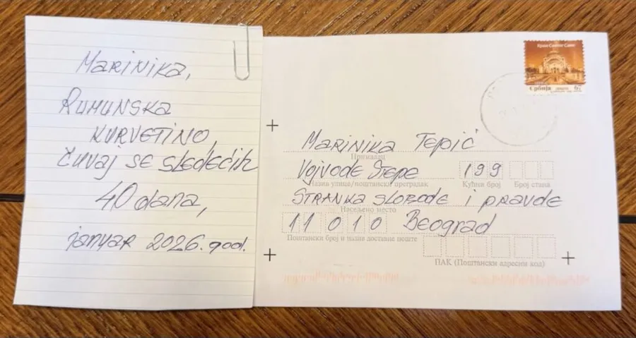 biletul de amenintare primit de Deputata sârbă de opoziție, Marinika Tepic, de origine română
