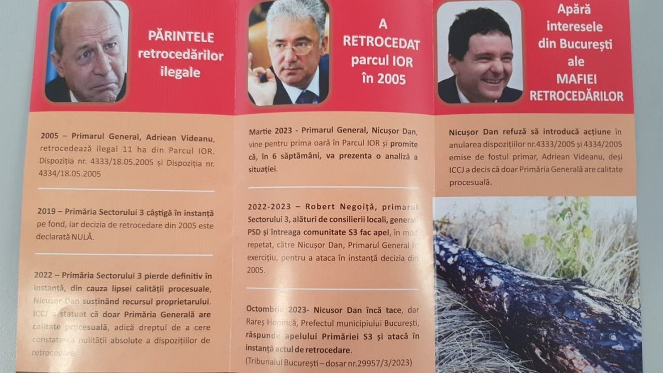 FOTO Campanie a organizației PSD Sector 3 împotriva lui Nicușor Dan pe tema retrocedării unei părți din Parcul IOR / Organizația distribuie pliante în care cheamă lumea la un miting în fața Primăriei Capitalei