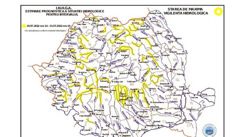 Cod galben hidrologic pentru râuri din mai multe judeţe. Sunt posibile viituri rapide care să producă inundaţii, mai ales pe unele râuri mici din Maramureş, Bistriţa-Năsăud, Bihor, Arad, Timiş şi Caraş Severin