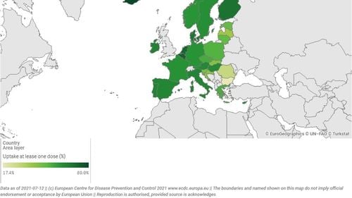 Majoritatea țărilor europene au vaccinat între 60 și 90% din populația adultă cel puțin cu prima doză. România rămâne la mare distanță, cu doar 30% din adulți vaccinați