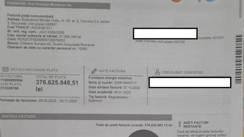 Factură de 376 de milioane de lei primită de un vrâncean pentru consumul de energie electrică. Enel a retras factura și a înlocuit-o cu cea corectă