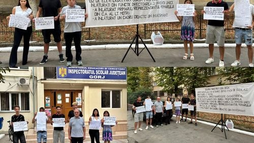 FOTO & VIDEO Protest în scandalul burselor de la Liceul Tehnologic Motru: Elevi și profesori organizează un miting în fața Inspectoratului școlar Gorj și acuză că directoarea refuză de 4 ani să plătească burse restante din 2020