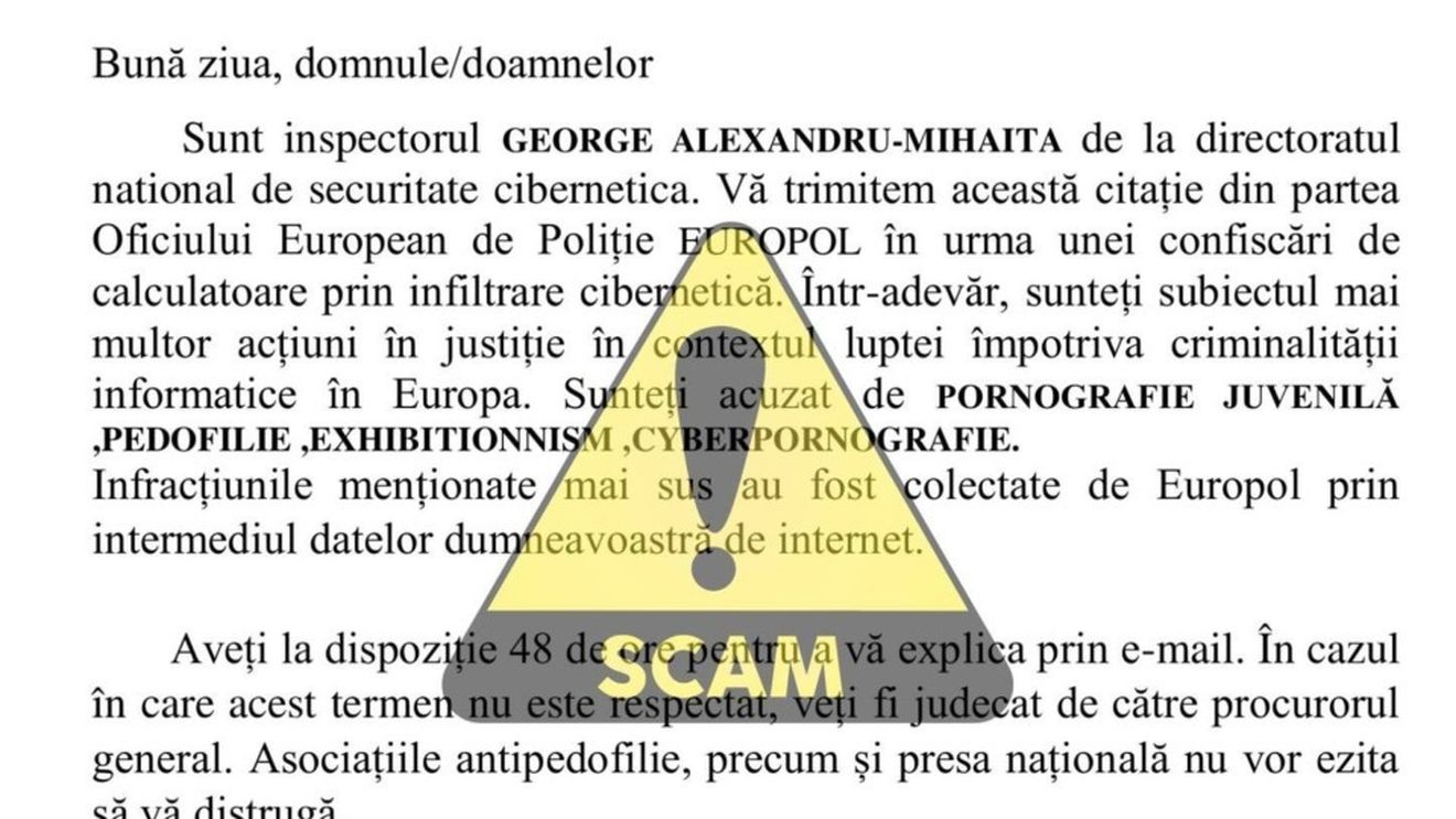 Atenţie la mesajele, link-urile şi documentele primite din surse necunoscute sau suspicioase, avertizează Directoratul Naţional de Securitate Cibernetică  / Citaţii trimise în numele Interpol, Europol sau al Poliţiei Române, cu acuzaţii de infracţiuni grave