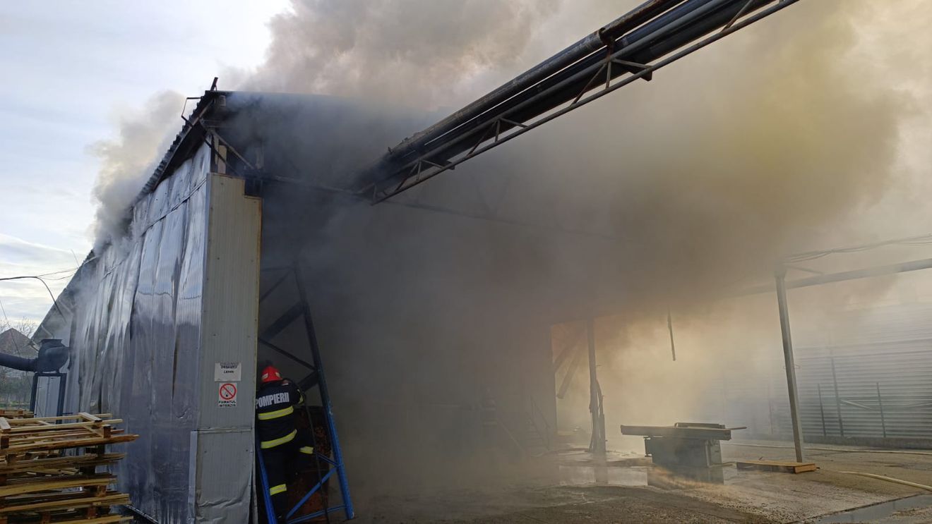 Sălaj: Incendiu la o fabrică de mobilă din Cehu Silvaniei / A ars o hală pentru depozitarea deșeurilor lemnoase