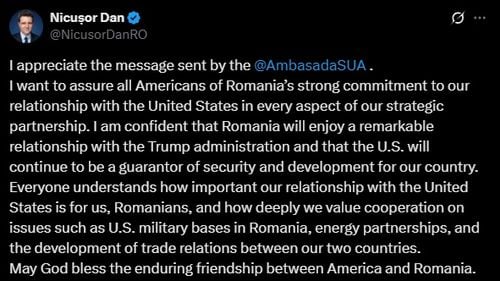 Nicușor Dan, după mesajul rece primit de la Ambasada SUA, fără felicitări: ”Sunt încrezător că România se va bucura de o relație remarcabilă cu administrația Trump / Dumnezeu să binecuvânteze prietenia durabilă dintre America și România”