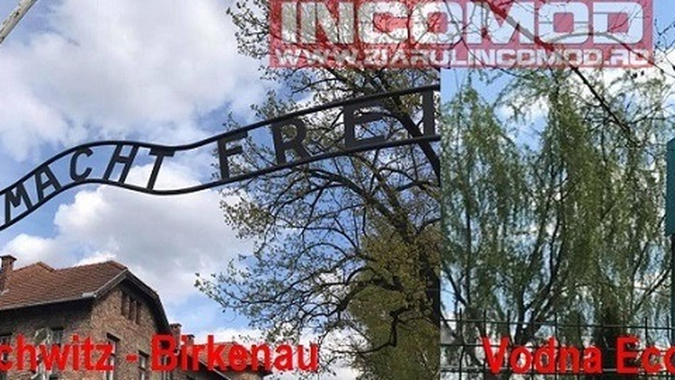 Mesajul de la intrarea în lagărul de concentrare nazist Auschwitz, reprodus la intrarea unei societăți de stat din județul Prahova