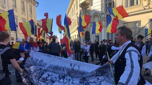 VIDEO Veta Biriș și Gheorghe Funar participă la un protest în Sibiu, la statuia lui Brukenthal / ”Să renunțăm la statuile stăpânitorilor străini”