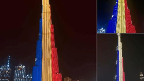 Cea mai înaltă clădire din lume, Burj Khalifa, luminată  în culorile tricolorului românesc