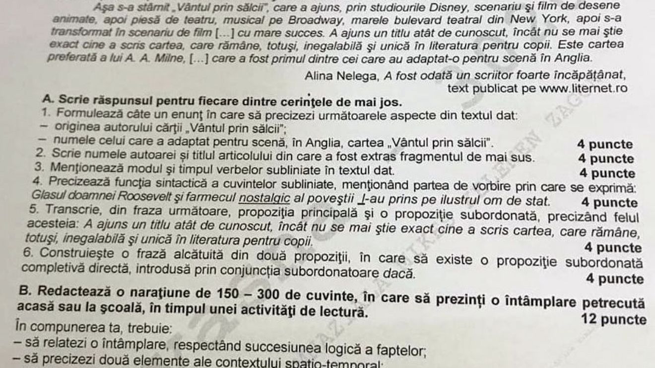 Subiectele integrale de la Limba și literatura română 2019: Genul dramatic, la prima compunere, și prezentarea unei întâmplări petrecute în timpul unei activități de lectură, la ultimul subiect