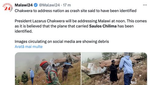 Echipele de salvare au găsit epava avionului vicepreședintelui Malawi, nu există niciun supraviețuitor