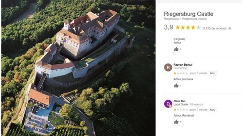 Pagina de Google a Castelului din Riegersburg, sub asaltul a sute de români indignați. ”Arthur, Romania” și recenzii de o stea pentru afacerea prințului care a împușcat ursul din Covasna