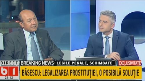 Traian Băsescu, la B1TV: ”A venit timpul să repunem în discuție legalizarea prostituției ca soluție pentru reducerea traficului de carne vie. Fetele traficate nu ar mai fi pe mâna peștilor, ci pe mâna statului, dacă vreți/ Politicienilor le e frică de BOR”