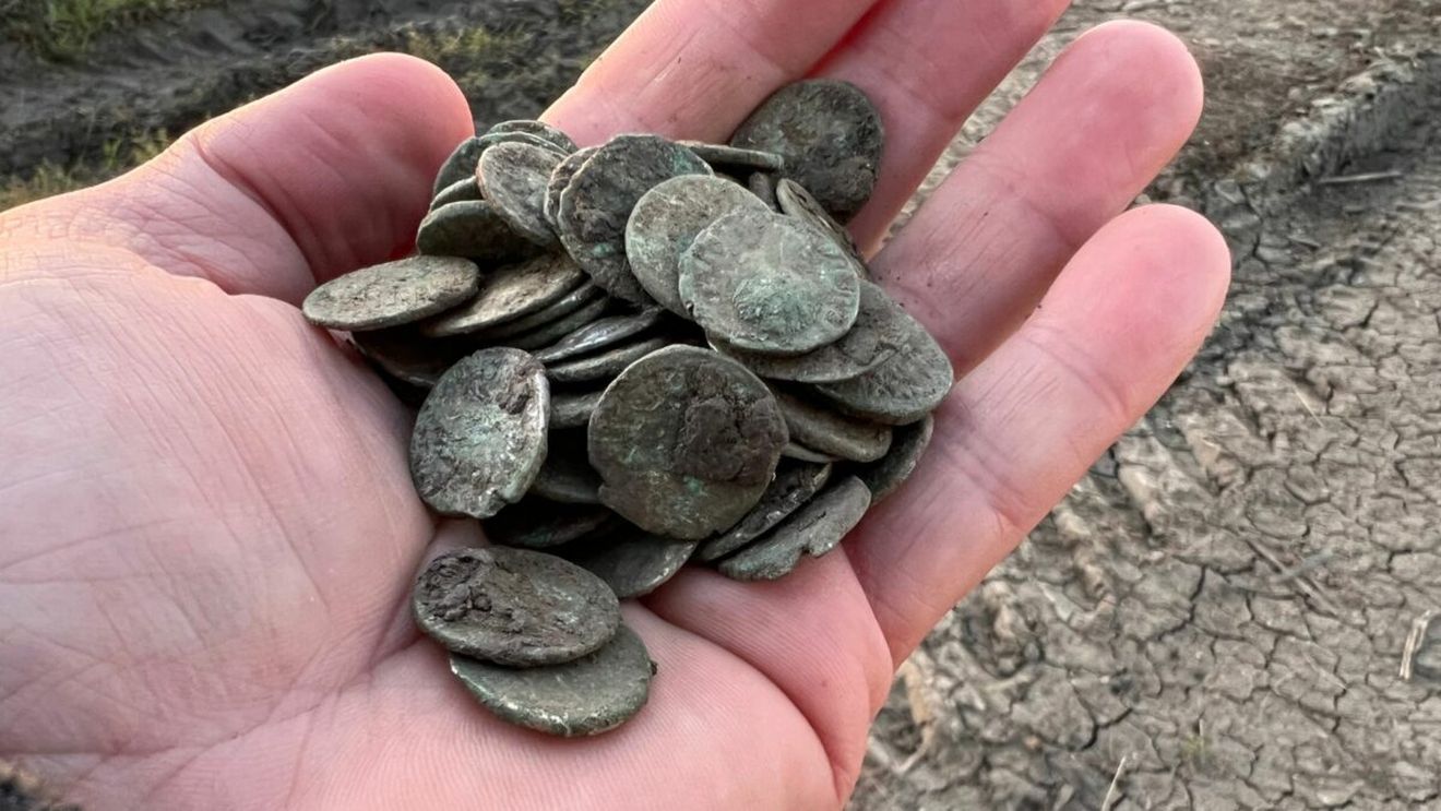 Foto: Tezaur roman format din peste 100 de monede din perioada 90-180 e.n., descoperit pe un teren agricol de lângă Ocna Mureș, de un posesor legal de detector. Arheologii au preluat căutările