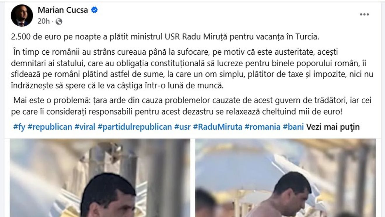 ”Miruță a plătit 2500 de euro pe noapte în Turcia”, postare ”suveranistă” devenită rapid virală pe Facebook / Ministrul dezminte și publică o factură de nici 2400 euro pentru trei persoane, 7 zile