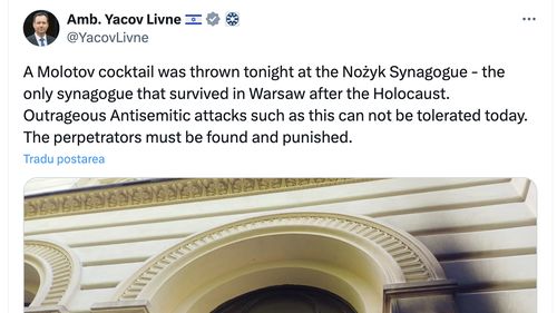 Consternare în Polonia după ce un cocktail Molotov a fost aruncat asupra unei sinagogi din Varșovia