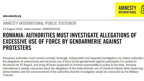 Amnesty International: Autoritățile române trebuie să investigheze acuzațiile de utilizare excesivă a forței împotriva protestatarior