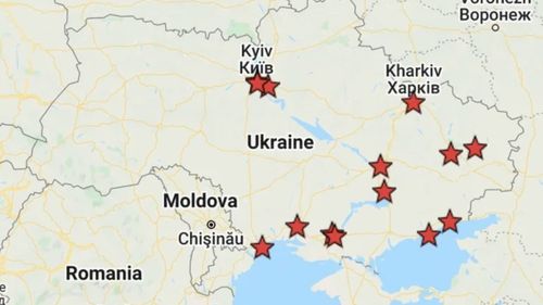 Harta cu locurile unde au fost semnalate atacuri în Ucraina