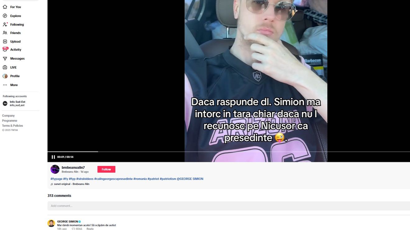George Simion îl face din nou ”autist” pe Nicușor Dan, într-un comentariu pe TikTok / Candidatul extremist la prezidențiale l-a mai numit astfel pe Dan în campania electorală, apoi și-a cerut scuze ironic, la presiunea publică