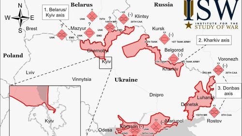 Cum arată harta zonelor din Ucraina controlate de ruși după trei zile de conflict realizată de Institutul pentru Studiul Războiului din SUA