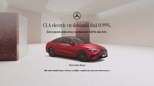 Go electric, stay ahead: noul CLA pur electric cu doar 0,99% dobândă fixă prin Mercedes-Benz Financial Leasing. Noul CLA este 100% electric, progresiv, expresiv și fermecător până la ultimul detaliu. Solicită oferta. (P)