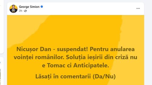 Simion face ”sondaj” pe Facebook pentru suspendarea lui Nicușor Dan / Președintele exclude polul extremist de la guvernare, șeful AUR cere alegeri anticipate