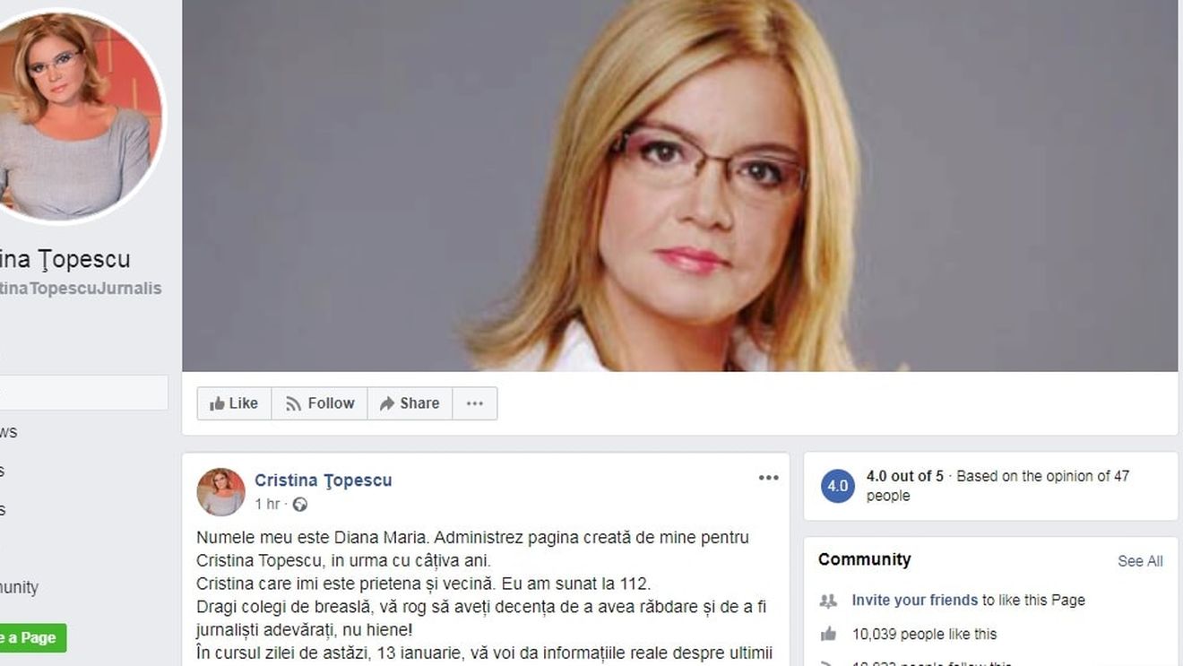 Postare pe pagina de Facebook a Cristinei Țopescu asumată de presupusa administratoare a contului: ”Eu am sunat la 112. Nu credeți prostiile de la tv! Cris nu s-a sinucis”