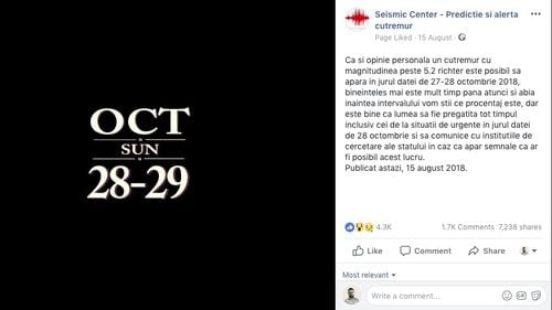 Povestea unui fake news: Cum a reușit o pagină de Facebook să inducă ideea că a prevestit încă de pe 15 august cutremurul de azi-noapte