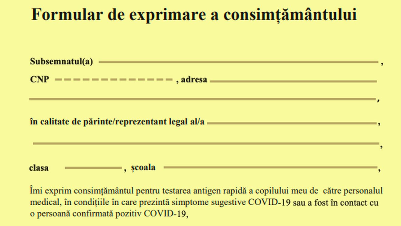 ULTIMA ORĂ Formularul pentru părinți, prin care își pot da acordul să fie testat copilul la școală, a fost modificat