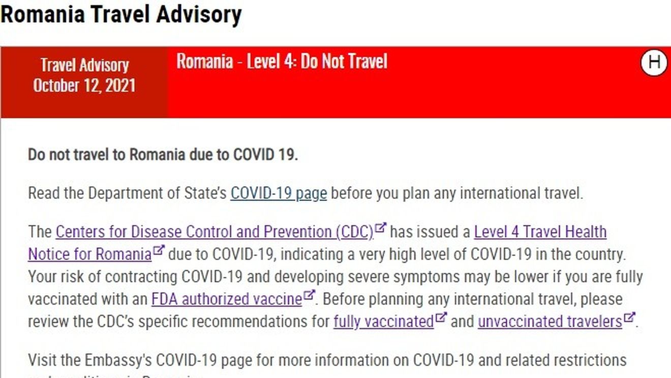 Guvernul SUA, avertizare de urgență pentru cetățenii americani: Nu călătoriți în România! / Tara noastră, alături de Belarus, Moldova, Bosnia și Cambodgia