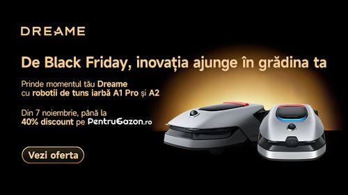 De Black Friday, inovația ajunge în grădina ta Prinde momentul tău Dreame. Tunde gazonul cu precizie, prin puterea tehnologiei! Oferte Black Friday, la robotii de tuns iarbă Dreame A1 PRO si A2 (P)