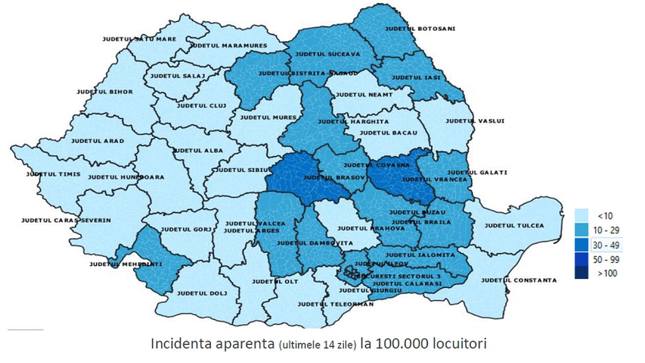 GRAFICE Analiză INSP: A treia săptămână fără niciun caz de coronavirus în județul Caraș Severin. Nici în Vaslui nu a mai apărut nicio infectare în 7 zile / Brașov și Vrancea au cele mai multe noi cazuri la 100.000 de locuitori