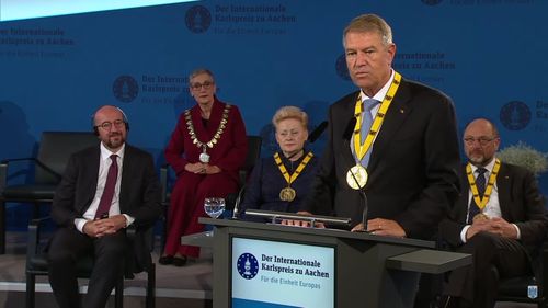 VIDEO Klaus Iohannis, după ce a primit premiul „Carol cel Mare”: Finalizarea integrării României în Schengen ar trebui să fie un obiectiv pentru Uniunea Europeană