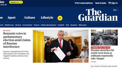 Călin Georgescu, subiectul zilei în The Guardian pentru a doua oară într-o săptămână, cu titlul "România votează în cadrul alegerilor parlamentare, în contextul acuzațiilor de interferență la adresa Rusiei"