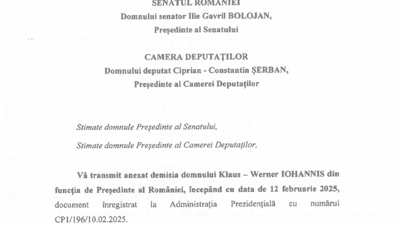 DOCUMENT ”Eu, Klaus Werner Iohannis, demisionez”. Cum arată demisia de trei rânduri și 20 de cuvinte înaintată de Klaus Iohannis luni