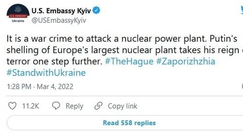 Departamentul de Stat al SUA le-a cerut ambasadelor americane să nu transmită mesajul Twitter al Ambasadei de la Kiev, care califică atacul unei centrale nucleare o crimă de război
