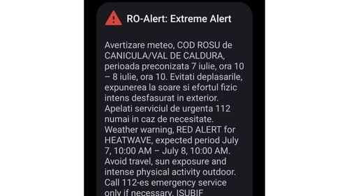 Mesaj Ro-Alert în București: Cod roșu de caniculă / ”Evitați deplasările, expunerea la soare și efortul fizic intens” / Maxime de până la 41 de grade Celsius