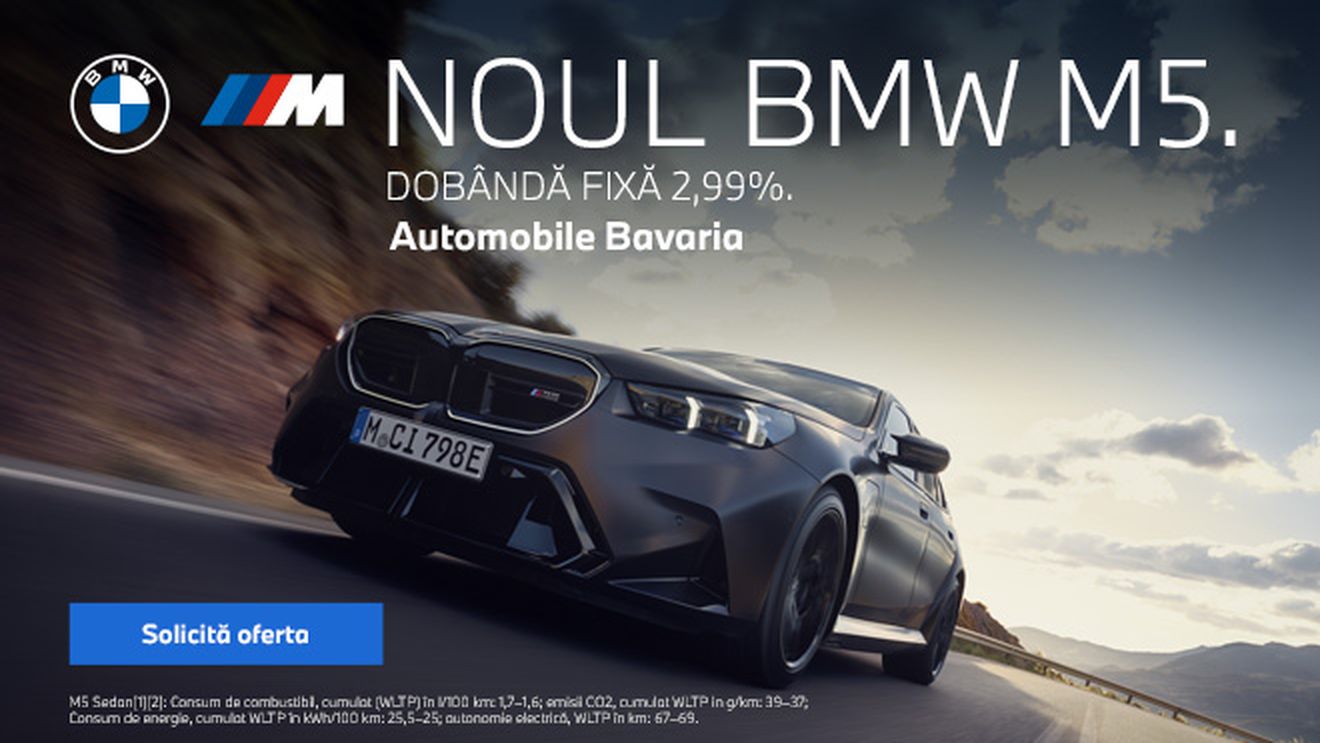 Descoperă puterea, rafinamentul și tehnologia de ultimă oră a noului BMW M5. Beneficiază de o ofertă financiară exclusivă – dobândă fixă de 2,99% (P)