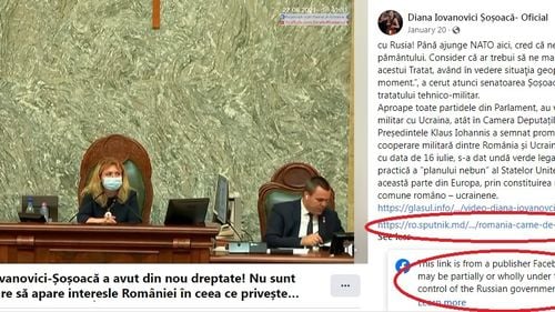 Facebook avertizează utilizatorii că o postare a Dianei Şoşoacă preia conținut de la site-urile ruse de propagandă interzise în România