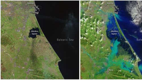 Partea de coastă din Spania afectată de inundaţii pare că a fost înghiţită de mare, arată imaginile din satelit
