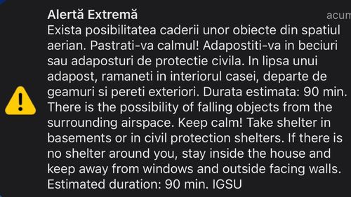 UPDATE Mesaj RO-Alert pentru zona de nord a județului Tulcea: "Există posibilitatea căderii unor obiecte din spațiul aerian" / Două avioane F-16 ridicate de la sol