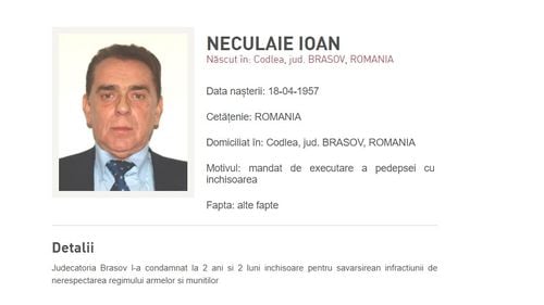 Ioan Neculaie a fost dat în urmărire națională pentru că este de negăsit după condamnarea definitivă/ Fostul patron al FC Brașov trebuie să execute 2 ani și 2 luni de închisoare pentru nerespectarea regimului armelor și munițiilor