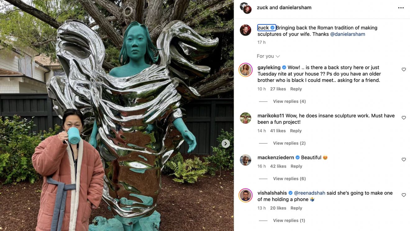 Mark Zuckerberg și-a instalat în grădină o statuie romană uriașă a soției sale