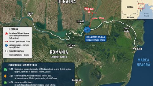 MApN: Alertă aeriană în nordul județului Tulcea după detectarea unor ținte aeriene în apropierea graniței cu Ucraina / Nu au fost înregistrate încălcări ale spațiului aerian românesc