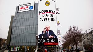 Banner uriaș pe magazinul Cocor din Capitală cu poza premierului Bolojan și mesajul „Modificați legile justiției”