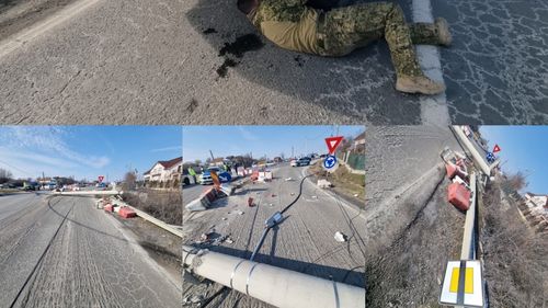 Un transportor militar blindat a lovit un stâlp de beton pe DN 64, în Olt /  Vehiculul era condus de o tânără portugheză