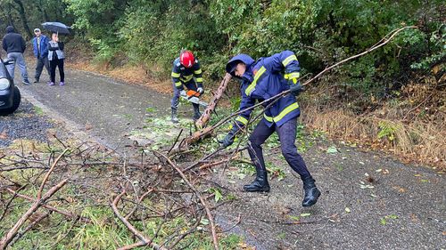 Pagube însemnate în Băile Tuşnad după o furtună puternică / Arbori prăbuşiţi şi acoperişul primăriei avariat