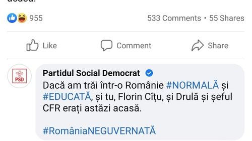PSD, comentariu la postarea lui Cîțu despre directorul CFR: Dacă am trăi într-o Românie normală și educată, și tu și Drulă și șeful CFR erați astăzi acasă