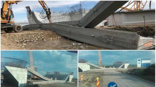 Două grinzi masive s-au prăbușit la o oră după montare pe șantierul Autostrăzii Sebeș - Turda. Un muncitor a fost rănit
